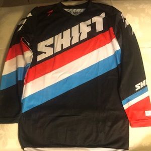 Shift Label Whit3 long sleeve shirt. Black, red, blue and white. Size YL.